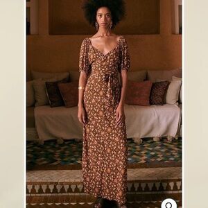 NWT Spell Madame Peacock Sweetheart Maxi Dress Coffee Brown Print Small  B303